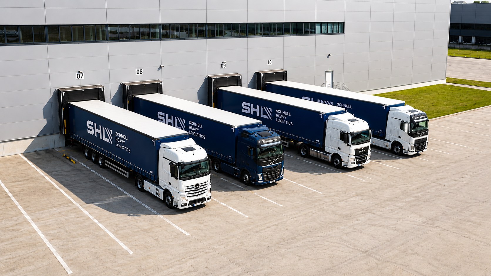 SHL General Cargo fleet — 4 curtain-side tautliner trucks at loading dock